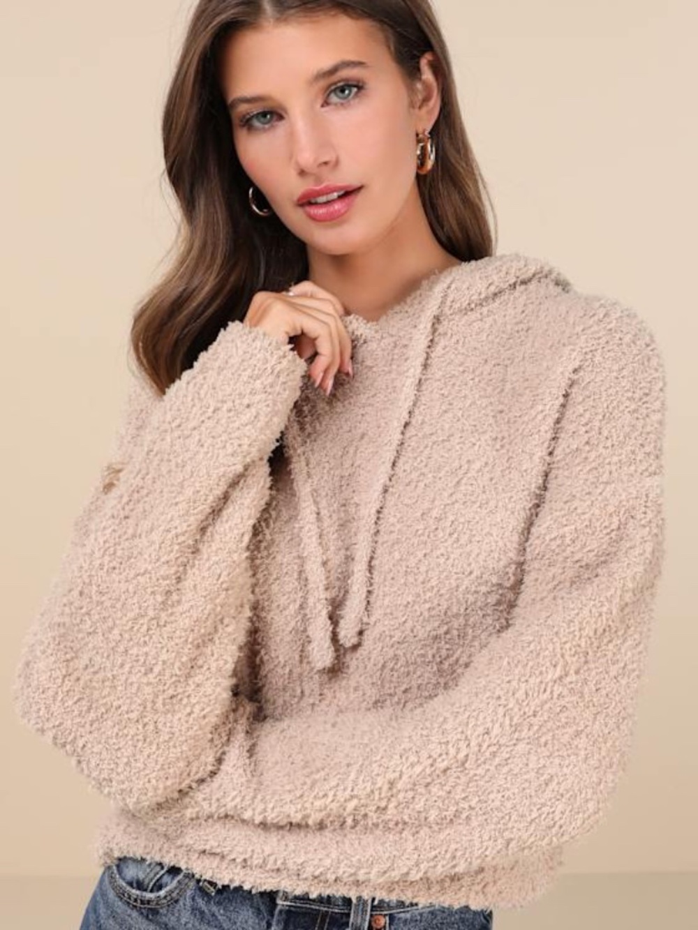 Lulus Cuddly Perfection Tan Fuzzy Pullover Hoodie Beige - Size XS